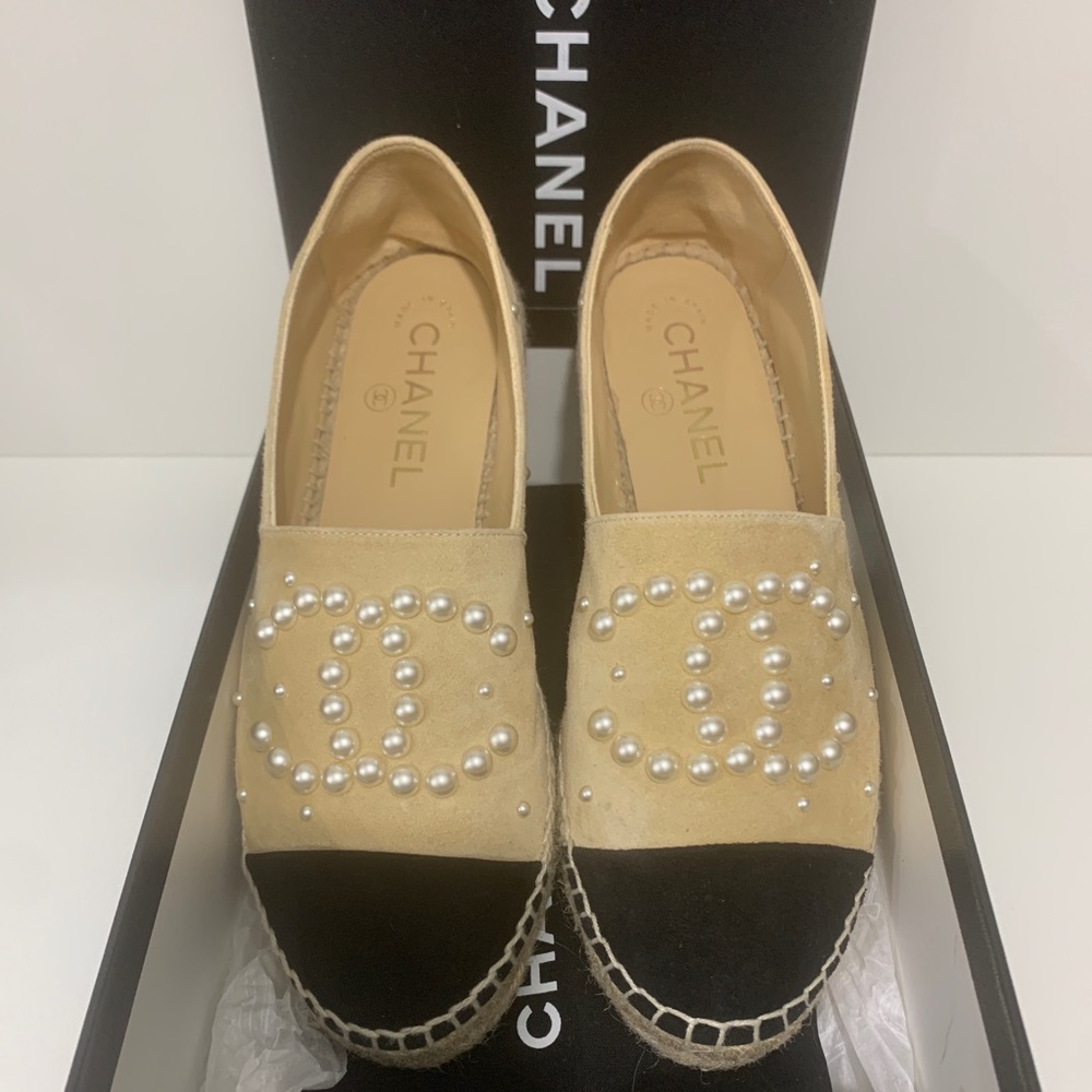 Chanel Pearl Embellished Suede Espadrilles